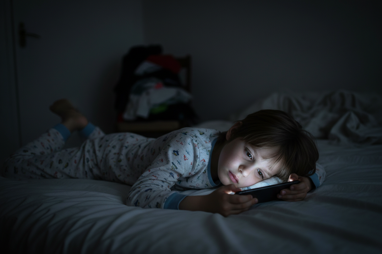 Enfant sur smartphone la nuit